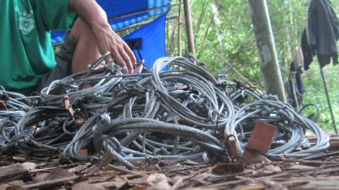 Snares collected by community rangers in Nakai-Nam Theun -- a protected area in the Annamite Mountains in Laos.