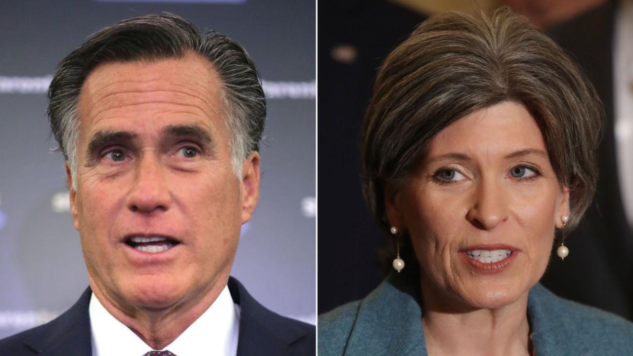 Republican Sens. Mitt Romney of Utah (at left) and Joni Ernst of Iowa (at right)