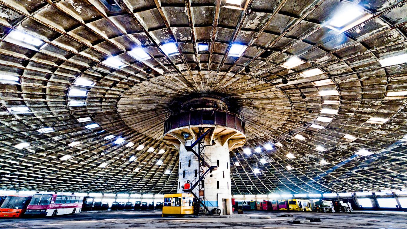 <strong>Bus cemetery:</strong> This former bustling bus depot, which resembles a giant flying saucer, has been left abandoned for several years on the outskirts of Kiev.