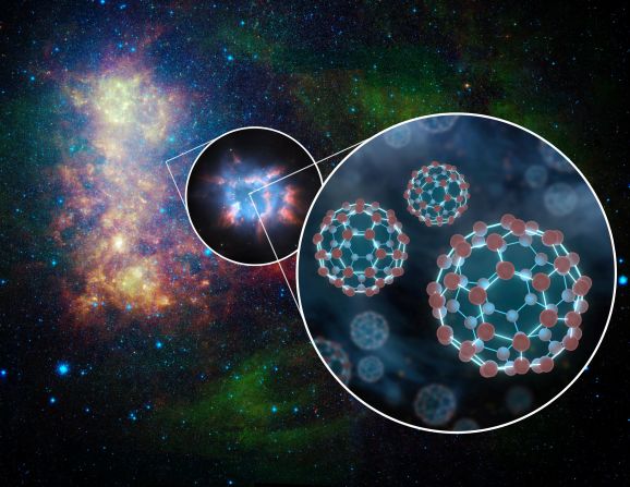 Electrically charged C60 molecules, in which 60 carbon atoms are arranged in a hollow sphere that resembles a soccer ball, was found by the Hubble Space Telescope in the interstellar medium between star systems. 