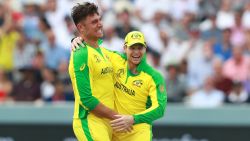 LONDON, ENGLAND - JUNE 25: Marcus Stoinis (L) celebrates with team mate Steve Smith after taking the wicket of Jos Buttler during the Group Stage match of the ICC Cricket World Cup 2019 between England and Australia at Lords on June 25, 2019 in London, England. (Photo by David Rogers/Getty Images)