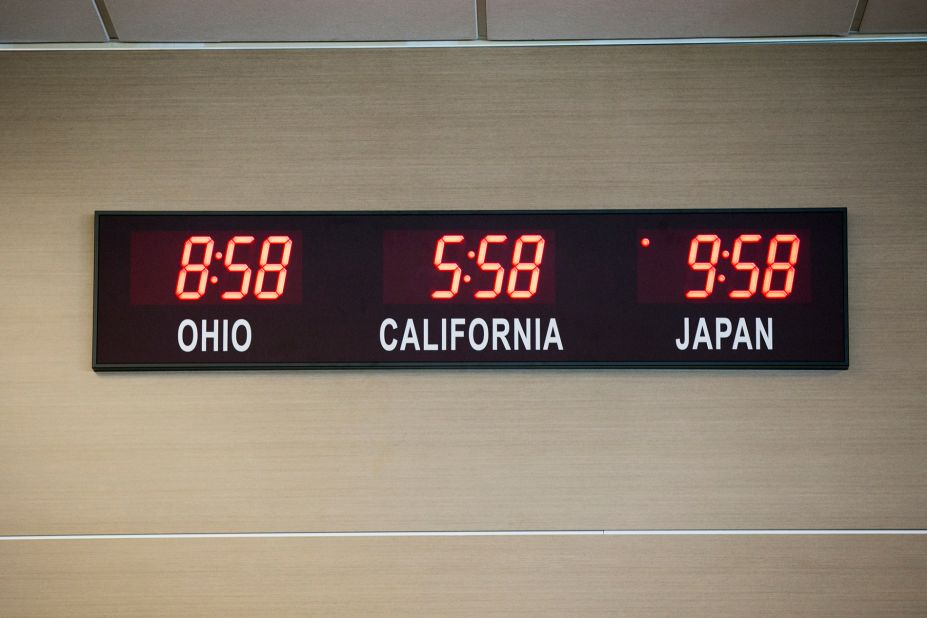A clock showing the time in Ohio, California and Japan hangs in the Heritage Center in Marysville. Honda Motor chose Marysville owing to the friendly and hardworking locals, presence of a testing track at the Transport Research Center in East Liberty, Ohio, and a favorable investment climate.