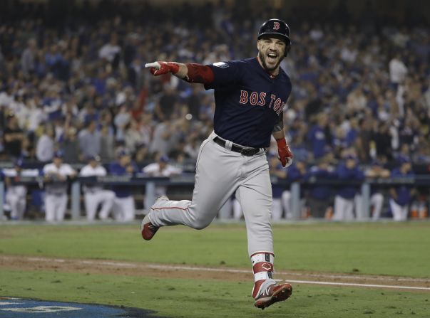 Steve Pearce of the Red Sox celebrates his second home run during the eighth inning in Game 5 of the 2018 World Series against the Los Angeles Dodgers. The Red Sox won the series 4-1, marking Boston's ninth MLB championship. 