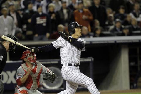 New York's Hideki Matsui watches his two run RBI double during the fifth inning of Game 6 of the 2009 World Series against the Philadelphia Phillies. Matsui was named the series MVP, as the Yankees won their 27th and most recent title. 