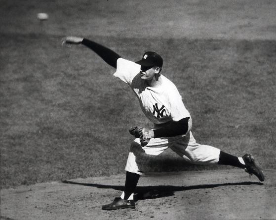 Don Larsen of the Yankees pitches in the fourth inning of his perfect Game 5 of the 1956 World Series in New York. Larson is the only pitcher to ever throw a perfect game in the World Series, and one of only three Yankees in history to do so. Close friends David Wells and David Cone repeated the feat in 1998 and 1999, respectively.