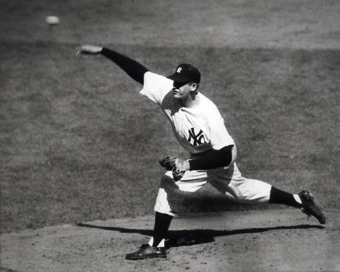Don Larsen of the Yankees pitches in the fourth inning of his perfect Game 5 of the 1956 World Series in New York. Larson is the only pitcher to ever throw a perfect game in the World Series, and one of only three Yankees in history to do so. Close friends David Wells and David Cone repeated the feat in 1998 and 1999, respectively. 