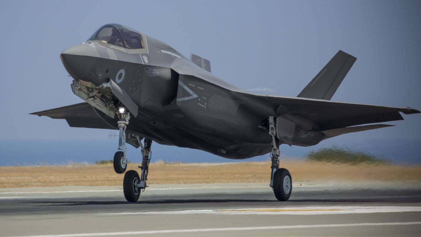 A Royal Air Force F-35B Lightning jet returning from its first operational sortie at RAF Akrotiri, Cyprus.