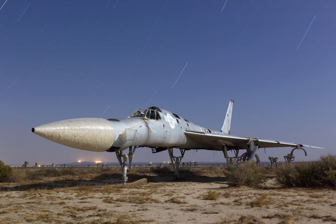 This decaying Convair B-58 Hustler in the Mojave is, according to Paiva, the only surviving plane of its kind not currently in a museum. The Hustler was the first bomber capable of supersonic flight, though it was retired in 1970 due to its poor safety record and high operating costs.
