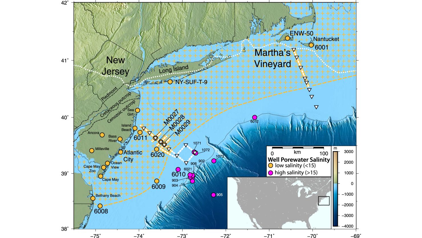 The freshwater aquifer runs from coastal New Jersey up to the waters around Massachusetts.