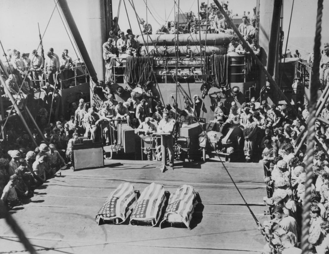 A funeral is held at sea for three US Marines killed in the Battle of Tarawa.