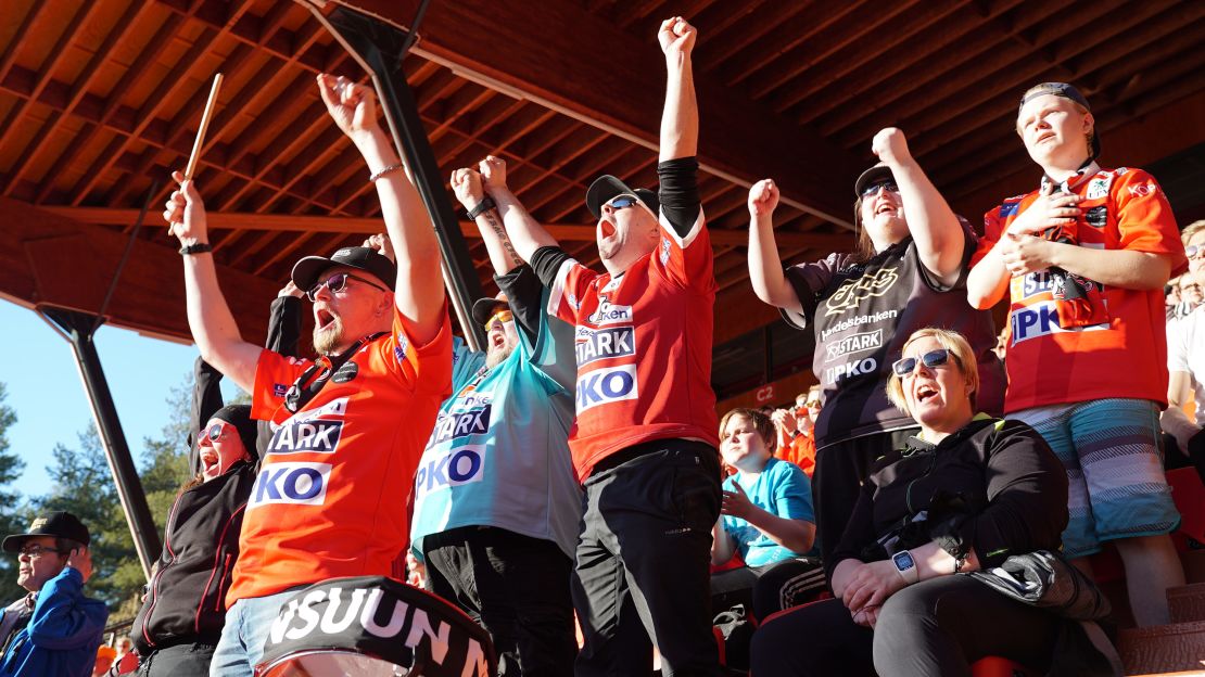 "JoMa" fans cheer after Joensuun Maila scores a run.