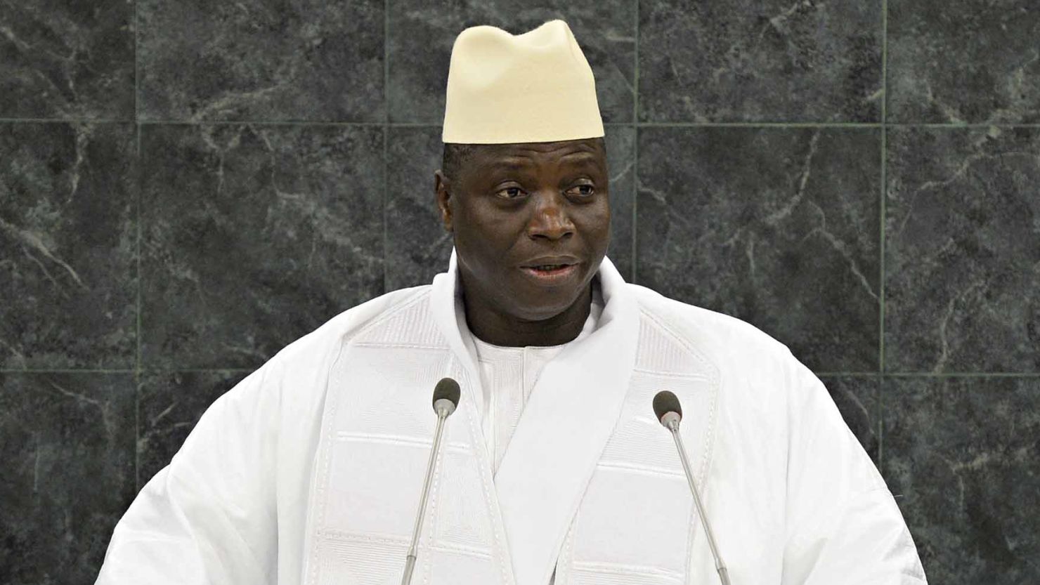 Jammeh speaks at the 68th session of the United Nations General Assembly on September 24, 2013 in New York City. 