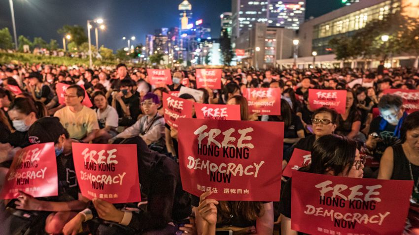 HONG KONG, HONG KONG - JUNE 26: Protesters hold placards as they take part in a rally against the extradition bill ahead of 2019 G20 Osaka summit at Edinburgh Place in Central district on June 26, 2019 in Hong Kong, China. Leaders from the Group of 20 nations are scheduled to gather this week for the G20 summit in Osaka, Japan. (Photo by Anthony Kwan/Getty Images)