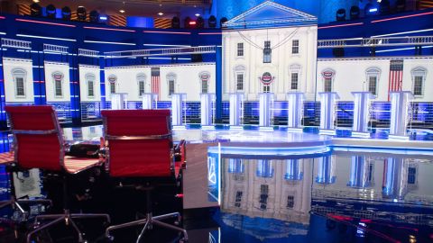 The stage is seen prior to the first Democratic primary debate of the 2020 presidential campaign season at the Adrienne Arsht Center for the Performing Arts in Miami, Florida, June 26, 2019. 