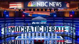 TOPSHOT - The stage is seen prior to the first Democratic primary debate of the 2020 presidential campaign season at the Adrienne Arsht Center for the Performing Arts in Miami, Florida, June 26, 2019. - Democrats are in Miami, Florida for their first debate -- and first inflection point -- of the 2020 election cycle, with ex-vice president Joe Biden taking the stage as frontrunner for the first time. Ten candidates including Senator Elizabeth Warren square off Wednesday, while Thursday's 10 feature Biden and three others polling in the top five. (Photo by SAUL LOEB / AFP)        (Photo credit should read SAUL LOEB/AFP/Getty Images)