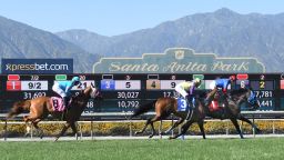 Horses on the turf track for the San Juan Capistrano Stakes on the last day of the Winter-Spring Meet on June 23, 2019, at Santa Anita Park in Arcadia, California.
