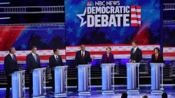 Democratic presidential candidates New York City Mayor Bill De Blasio (L-R), Rep. Tim Ryan (D-OH), former housing secretary Julian Castro, Sen. Cory Booker (D-NJ), Sen. Elizabeth Warren (D-MA), former Texas congressman Beto O'Rourke and Sen. Amy Klobuchar (D-MN) take part in the first night of the Democratic presidential debate on June 26, 2019 in Miami, Florida.  A field of 20 Democratic presidential candidates was split into two groups of 10 for the first debate of the 2020 election, taking place over two nights at Knight Concert Hall of the Adrienne Arsht Center for the Performing Arts of Miami-Dade County, hosted by NBC News, MSNBC, and Telemundo.