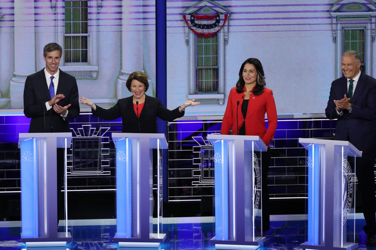 Klobuchar gestures during the first Democratic debates in June 2019.