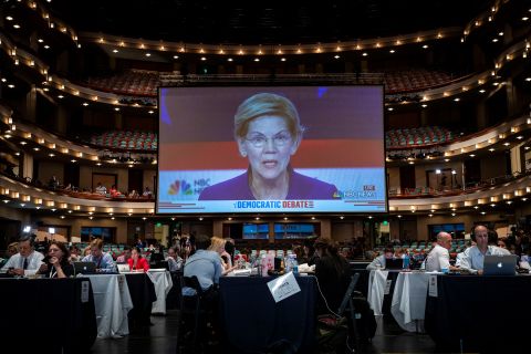Warren is displayed on a monitor inside the spin room at the Arsht Center. The US senator from Masschusetts is <a href="https://www.cnn.com/politics/live-news/democratic-debate-june-26-2019/h_f7eb98576555e7400b94bb91b965b44b" target="_blank">the only candidate from Wednesday's debate who is polling above 5%.</a> She became a progressive star by taking on Wall Street after the 2007 financial crisis.