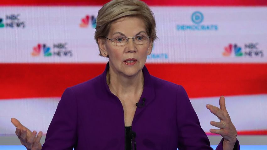 MIAMI, FLORIDA - JUNE 26: Sen. Elizabeth Warren (D-MA) speaks during the first night of the Democratic presidential debate on June 26, 2019 in Miami, Florida.  A field of 20 Democratic presidential candidates was split into two groups of 10 for the first debate of the 2020 election, taking place over two nights at Knight Concert Hall of the Adrienne Arsht Center for the Performing Arts of Miami-Dade County, hosted by NBC News, MSNBC, and Telemundo. (Photo by Joe Raedle/Getty Images)