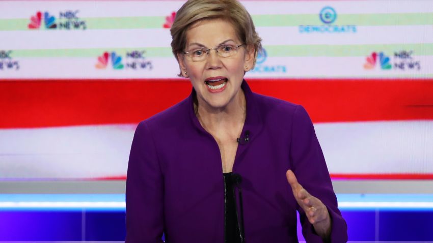 MIAMI, FLORIDA - JUNE 26: Sen. Elizabeth Warren (D-MA) speaks during the first night of the Democratic presidential debate on June 26, 2019 in Miami, Florida.  A field of 20 Democratic presidential candidates was split into two groups of 10 for the first debate of the 2020 election, taking place over two nights at Knight Concert Hall of the Adrienne Arsht Center for the Performing Arts of Miami-Dade County, hosted by NBC News, MSNBC, and Telemundo. (Photo by Joe Raedle/Getty Images)