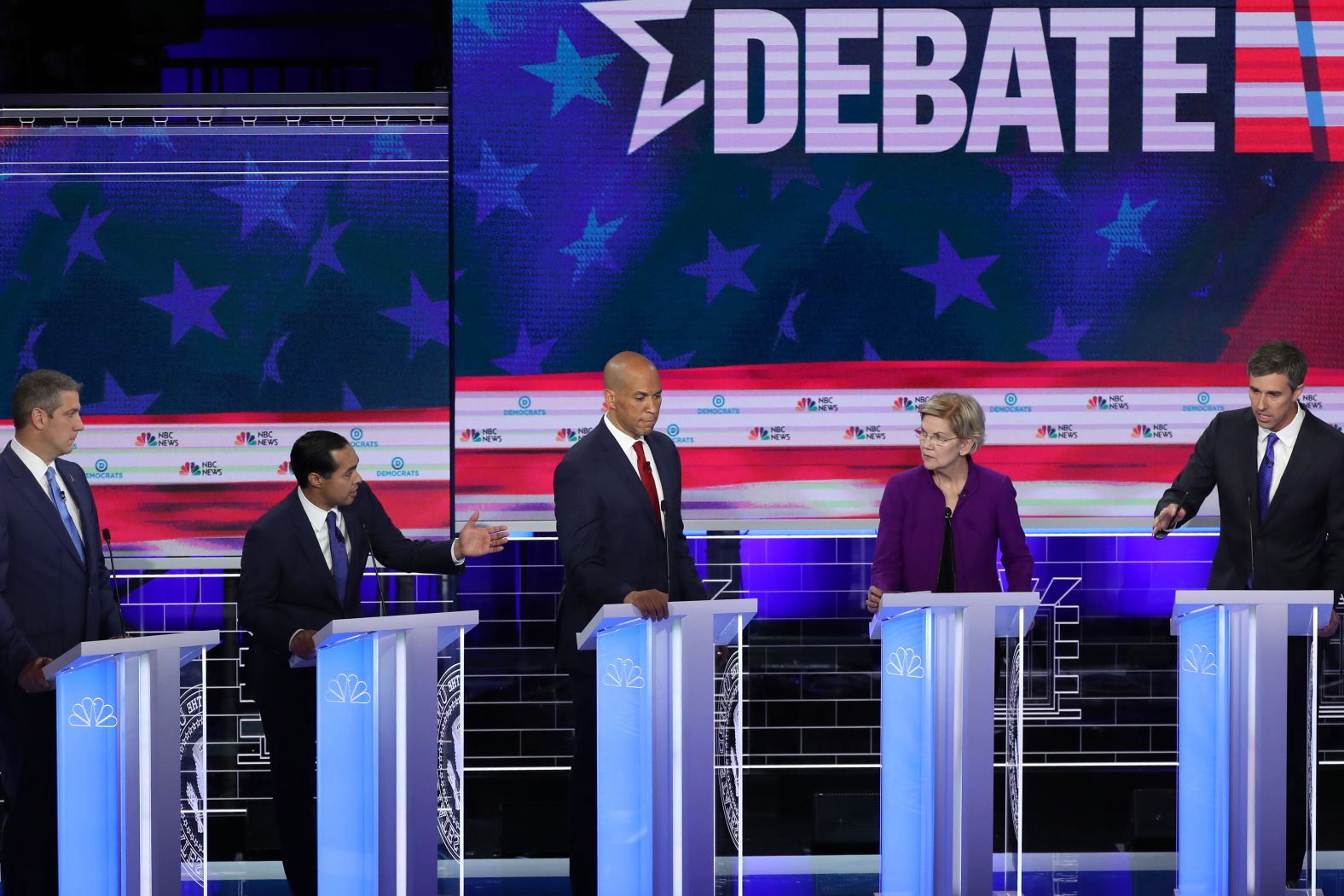 Castro, second from left, clashed with O'Rourke, right, early in Wednesday's debate. It was by far <a href="index.php?page=&url=https%3A%2F%2Fwww.cnn.com%2Fpolitics%2Flive-news%2Fdemocratic-debate-june-26-2019%2Fh_cb34a2de2e0ac068cc604f1965c3b41a" target="_blank">the most direct clash</a> of the first hour. <a href="index.php?page=&url=https%3A%2F%2Fwww.cnn.com%2Fpolitics%2Flive-news%2Fdemocratic-debate-june-26-2019%2Fh_4a681c71f5752541619b6cfa3eed4a88" target="_blank">Castro's goal was to poke holes in O'Rourke on immigration</a> — an issue that he has used at the center of his political identity. Both candidates are from Texas. O'Rourke is a former congressman from El Paso who rose to Democratic stardom in 2018 while challenging for the US Senate seat held by Ted Cruz. Castro was mayor of San Antonio before he became secretary of Housing and Urban Development.