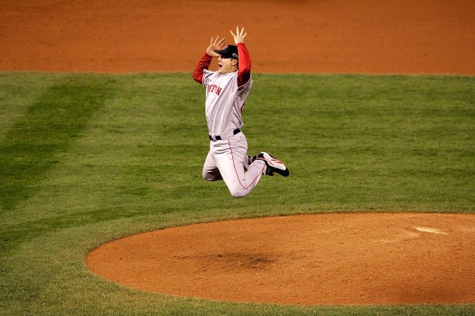 Pitcher Jonathan Papelbon of the Boston Red Sox celebrates after winning Game 4 of the 2007 World Series by sweeping the Colorado Rockies at Coors Field.