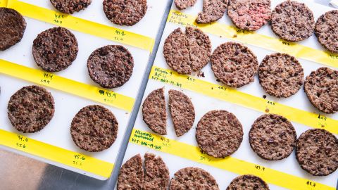 Impossible Burger patty samples are seen at the test kitchen inside the company's headquarters in Redwood City, California.