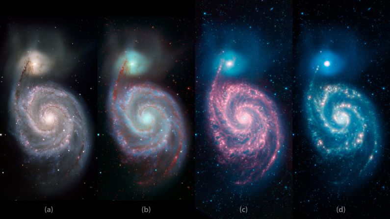 The Whirlpool galaxy has been captured in different light wavelengths. On the left is a visible light image. The next image combines visible and infrared light, while the two on the right show different wavelengths of infrared light.