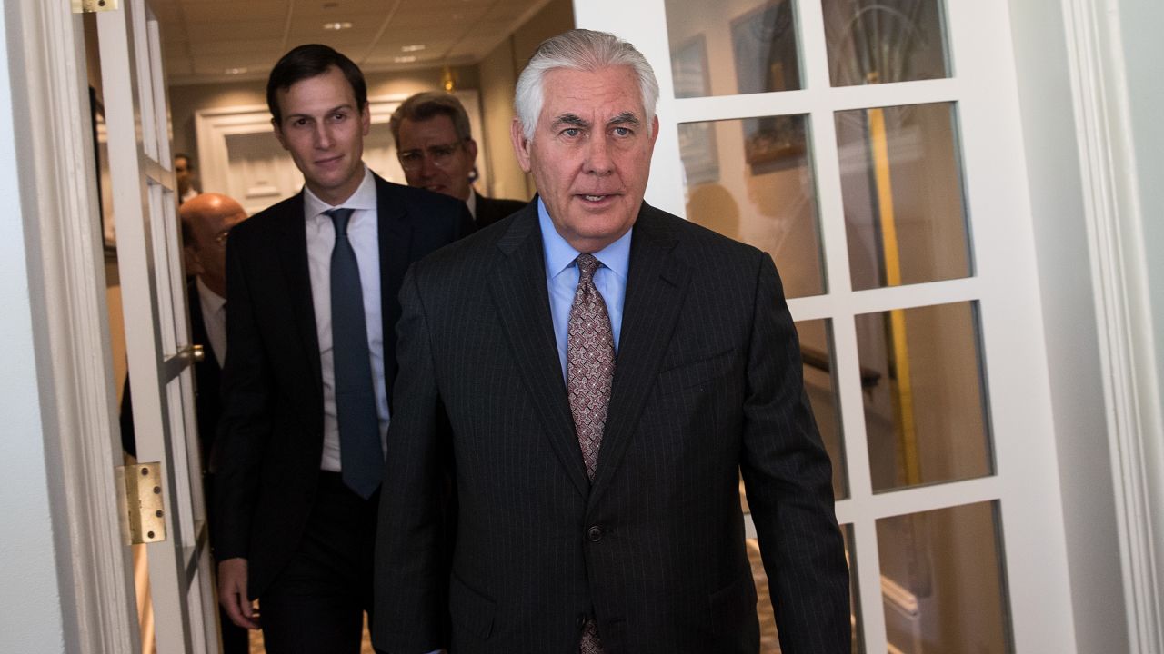 White House Senior Advisor to the President Jared Kushner and U.S. Secretary of State Rex Tillerson exit the West Wing as they arrive for a joint press conference with U.S. President Donald Trump and Greek Prime Minister Alexis Tsipras, in the Rose Garden at the White House October 17, 2017 in Washington, DC. (Drew Angerer/Getty Images)