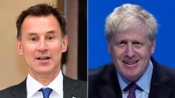 LEFT: LONDON, ENGLAND - JUNE 21: Conservative leadership candidate, Jeremy Hunt leaves a Local Government Association meeting in Westminster on June 21, 2019 in London, England. Jeremy Hunt finished in second place on 77 votes, as Boris Johnson topped yesterday's Conservative leadership ballot with 160 votes. Johnson and Hunt will now campaign to party members prior to a final ballot, the result of which will be announced during the week of 22 July. (Photo by Leon Neal/Getty Images)

RIGHT: BIRMINGHAM, ENGLAND - JUNE 22: Conservative leadership candidate, Boris Johnson attends the first hustings on June 22, 2019 in Birmingham, England. Johnson and Hunt are now campaigning prior to a final ballot which will be decided by party members, the result of which will then be announced during the week of 22 July. (Photo by Christopher Furlong/Getty Images)