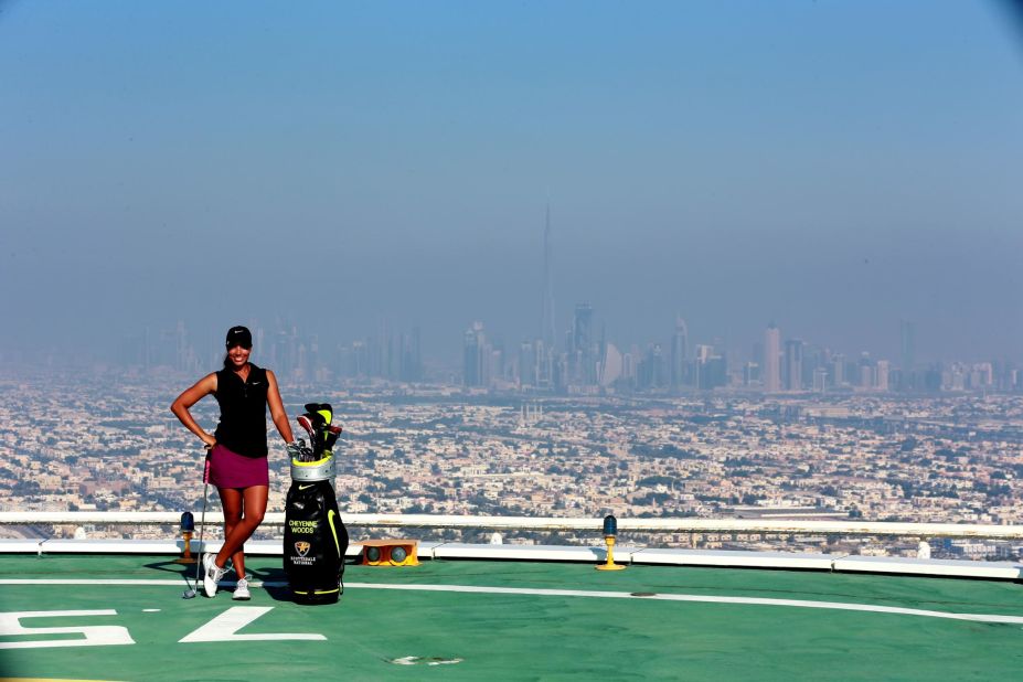 US golf star Cheyenne Woods paid the helipad a visit during the 2014 Dubai Ladies Masters.