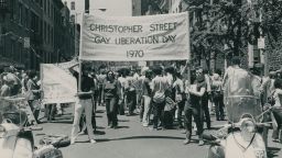 Demonstrators rally during the first Gay Liberation Day march in New York on the first anniversary of the Stonewall riots in 1970.
