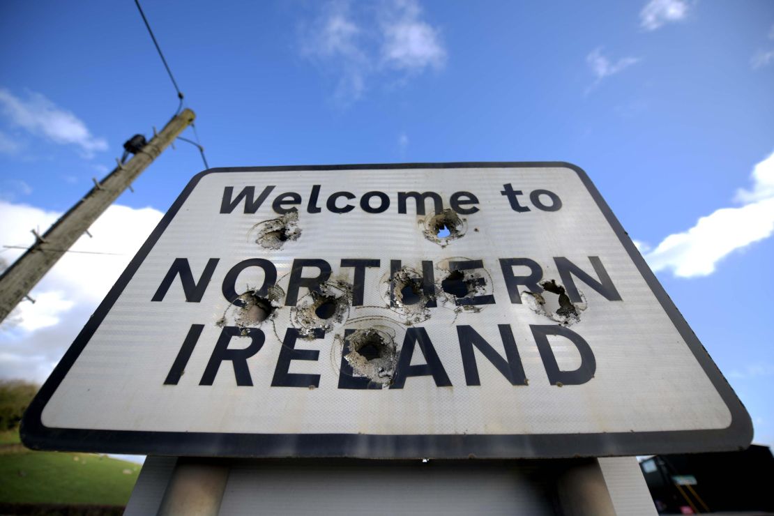 A Welcome to Northern Ireland sign is marked with bullet holes on February 17, 2019 in Ballyconnell, Ireland.