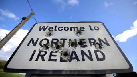 A Welcome to Northern Ireland sign is marked with bullet holes on February 17, 2019 in Ballyconnell, Ireland. 