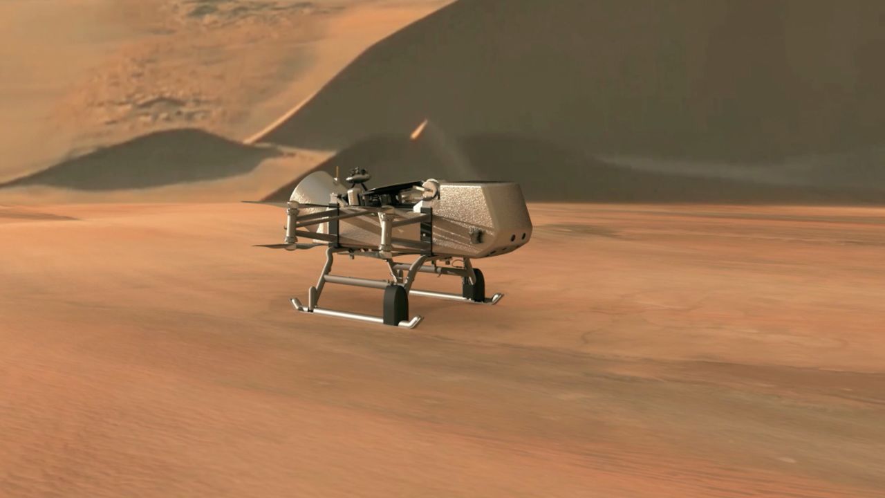 This illustration shows NASA's Dragonfly rotorcraft-lander approaching a site on Saturn's exotic moon, Titan. 