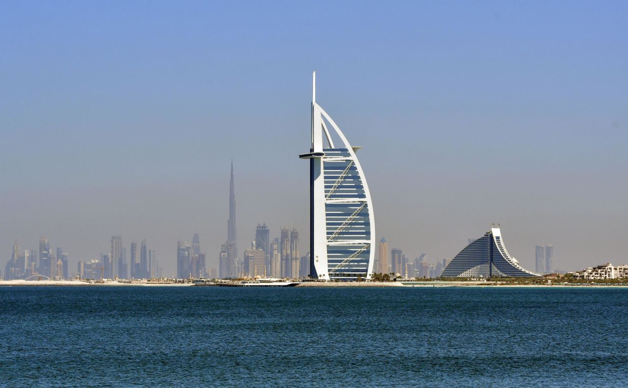 The Burj al Arab stands at 321 meters on its own artificial island in the Arabian Gulf.