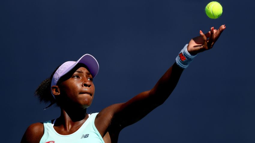 MIAMI GARDENS, FLORIDA - MARCH 22: Cori Gauff serves to Daria Kasatkina of Russia during the Miami Open Presented by Itau at Hard Rock Stadium March 22, 2019 in Miami Gardens, Florida. (Photo by Matthew Stockman/Getty Images)