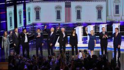 MIAMI, FLORIDA - JUNE 27: Democratic presidential candidates (L-R) Marianne Williamson, former Colorado governor John Hickenlooper, former tech executive Andrew Yang, South Bend, Indiana Mayor Pete Buttigieg, former Vice President Joe Biden, Sen. Bernie Sanders (I-VT), Sen. Kamala Harris (D-CA), Sen. Kirsten Gillibrand (D-NY), Sen. Michael Bennet (D-CO), and Rep. Eric Swalwell (D-CA) take the stage  during the second night of the first Democratic presidential debate on June 27, 2019 in Miami, Florida.  A field of 20 Democratic presidential candidates was split into two groups of 10 for the first debate of the 2020 election, taking place over two nights at Knight Concert Hall of the Adrienne Arsht Center for the Performing Arts of Miami-Dade County, hosted by NBC News, MSNBC, and Telemundo. (Photo by Drew Angerer/Getty Images)