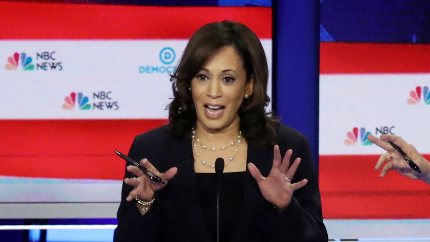 MIAMI, FLORIDA - JUNE 27: Democratic presidential candidate Sen. Kamala Harris (L) (D-CA) and Sen. Kirsten Gillibrand (D-NY) speak during the second night of the first Democratic presidential debate on June 27, 2019 in Miami, Florida.  A field of 20 Democratic presidential candidates was split into two groups of 10 for the first debate of the 2020 election, taking place over two nights at Knight Concert Hall of the Adrienne Arsht Center for the Performing Arts of Miami-Dade County, hosted by NBC News, MSNBC, and Telemundo. (Photo by Drew Angerer/Getty Images)