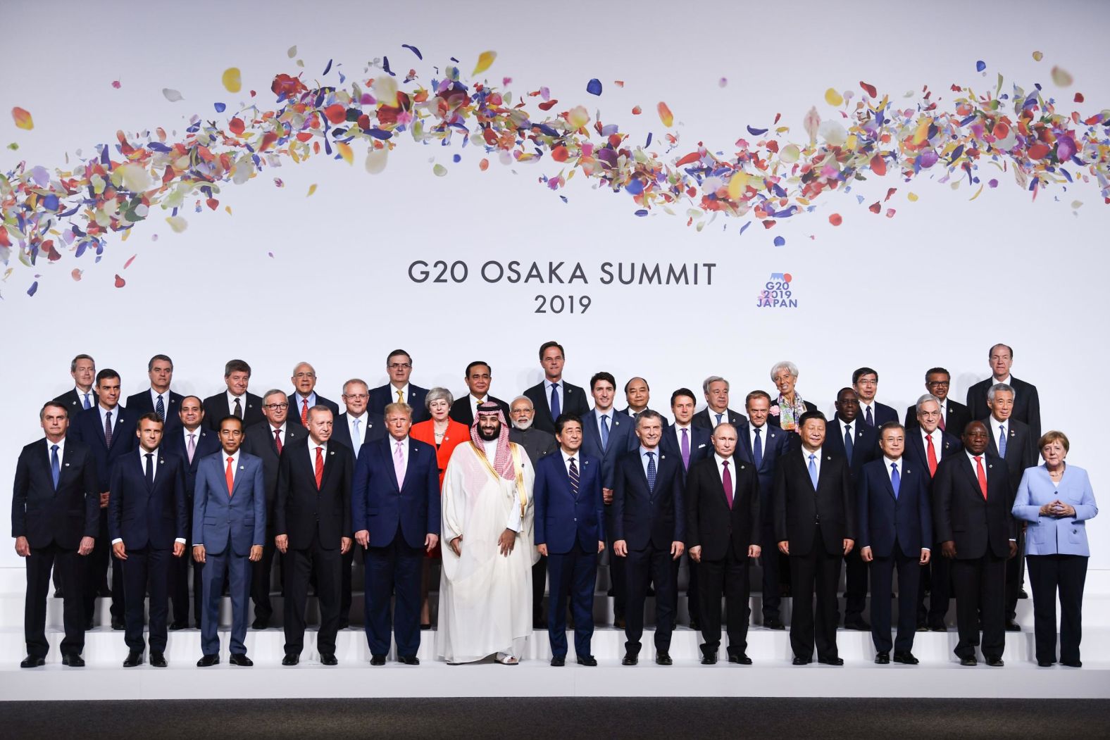 Leaders pose for a group photo at the G20 summit in Osaka. 