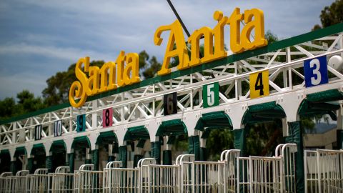 Starting gates are seen at Santa Anita Park on June 11 in Arcadia, California.