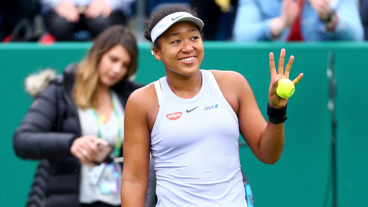 BIRMINGHAM, ENGLAND - JUNE 18: Naomi Osaka of Japan celebrates victory in her first round match against Maria Sakkari of Greece during day two of the Nature Valley Classic at Edgbaston Priory Club on June 18, 2019 in Birmingham, United Kingdom. (Photo by Jordan Mansfield/Getty Images for LTA)