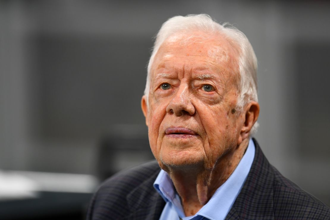 Former president Jimmy Carter prior to the game between the Atlanta Falcons and the Cincinnati Bengals at Mercedes-Benz Stadium on September 30, 2018 in Atlanta, Georgia. (Scott Cunningham/Getty Images)