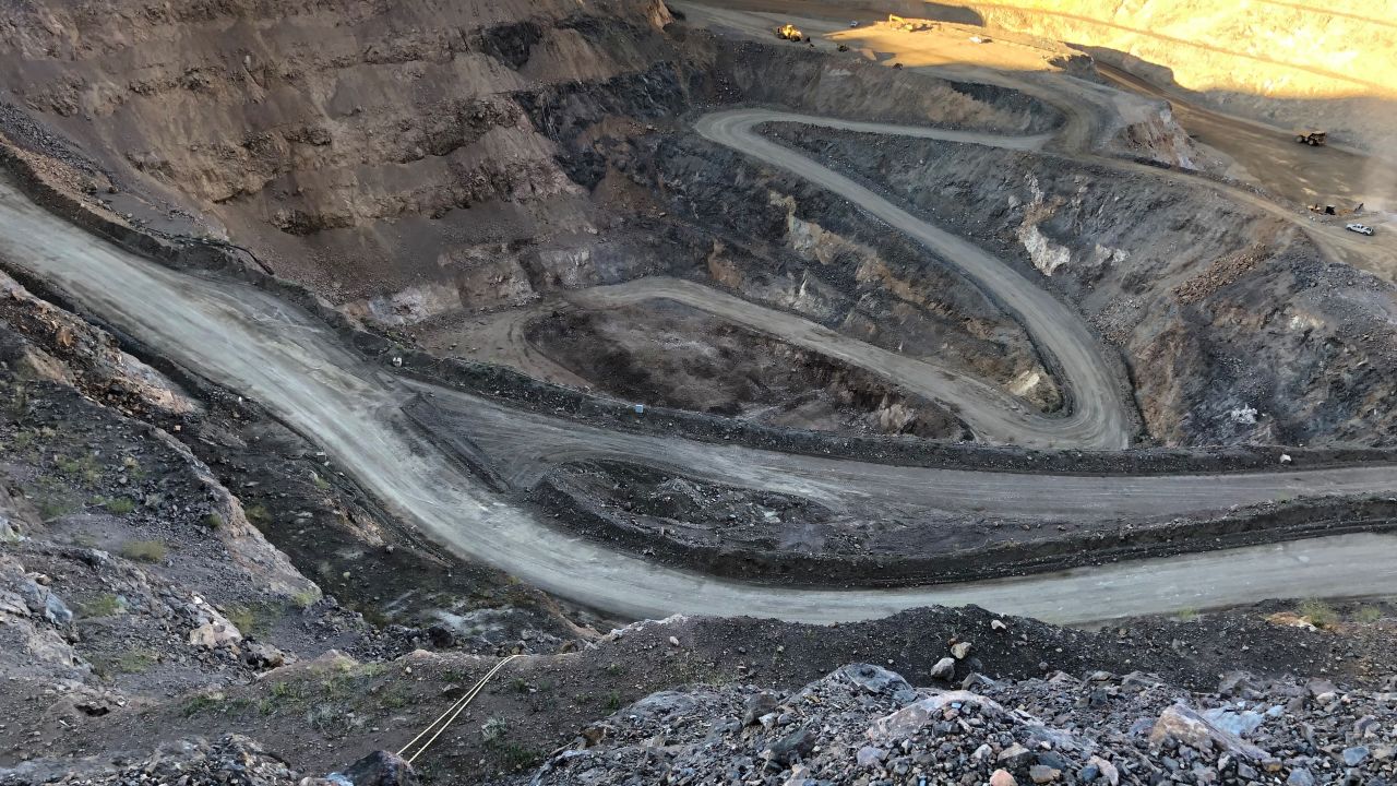 The pit at the MP Materials' Mountain Pass mine in California. It's the only operating mine in the United States that provides rare earths, ingredients that are key for producing high-tech products like cell phones and electric vehicles.
