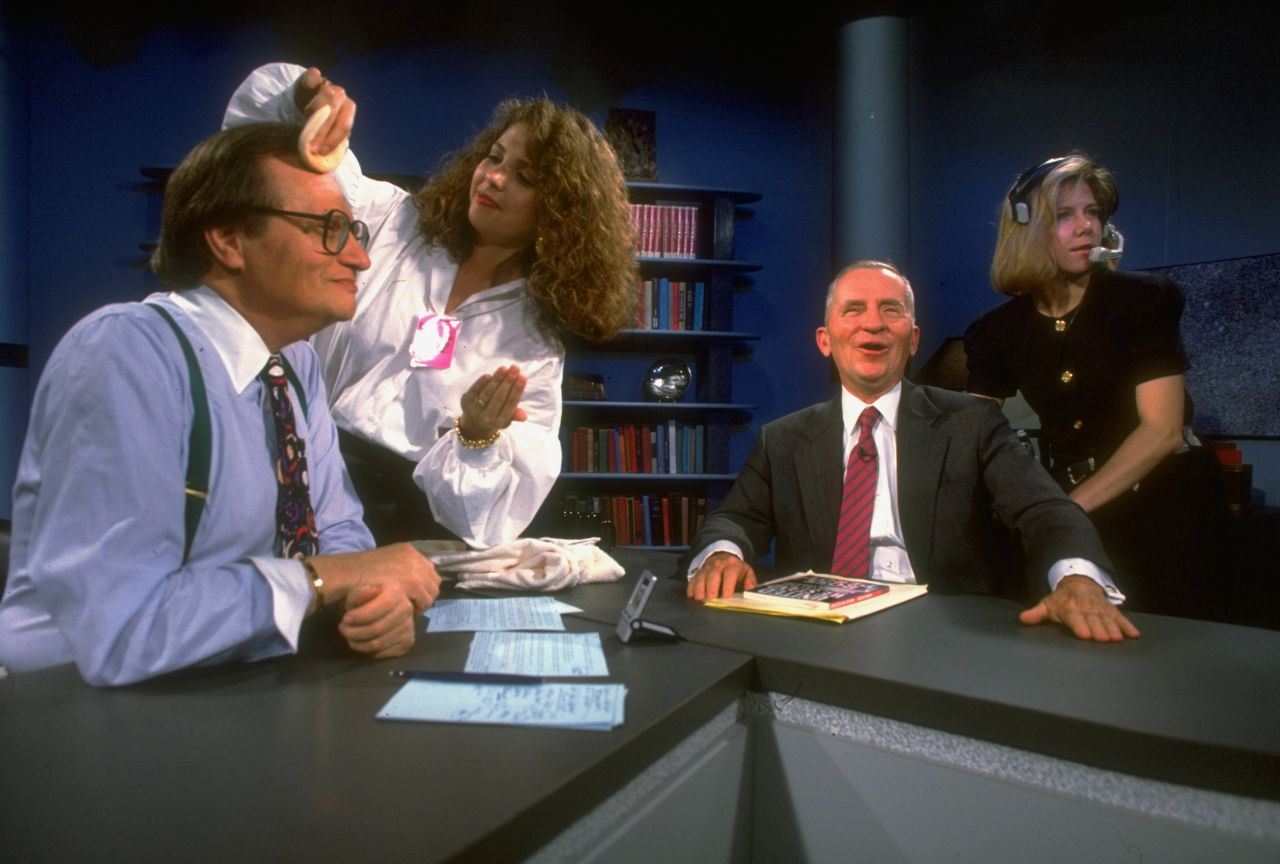 King has his makeup touched up during a break in his show in 1992. His guest was presidential candidate Ross Perot.