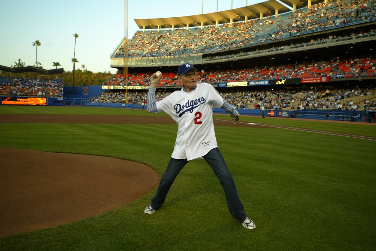 King throws out the first pitch before a Los Angeles Dodgers game in 2004.