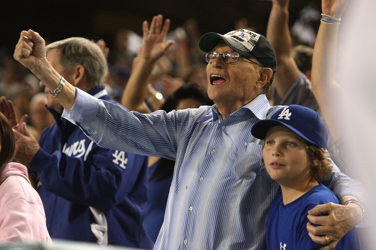 King cheers on the Dodgers during a playoff game in 2009.