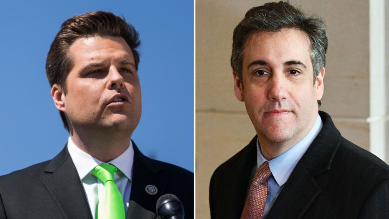 At left, GOP Rep. Matt Gaetz of Florida, whose 2019 tweet about Michael Cohen, at right, was later deleted. 