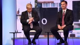 LONDON, ENGLAND - JUNE 18: In this handout photo provided by the BBC, (L-R) MP Boris Johnson and Secretary of State for Foreign Affairs Jeremy Hunt participate in a Conservative Leadership televised debate on June 18, 2019 in London, England. Emily Maitlis hosts the second of the televised Conservative Leadership debates for the BBC. Boris Johnson, Michael Gove, Jeremy Hunt, Rory Stewart and Sajid Javid made it through the second ballot while Dominic Raab did not. The third ballot will be held tomorrow, (Wednesday). (Photo by Jeff Overs/BBC via Getty Images)